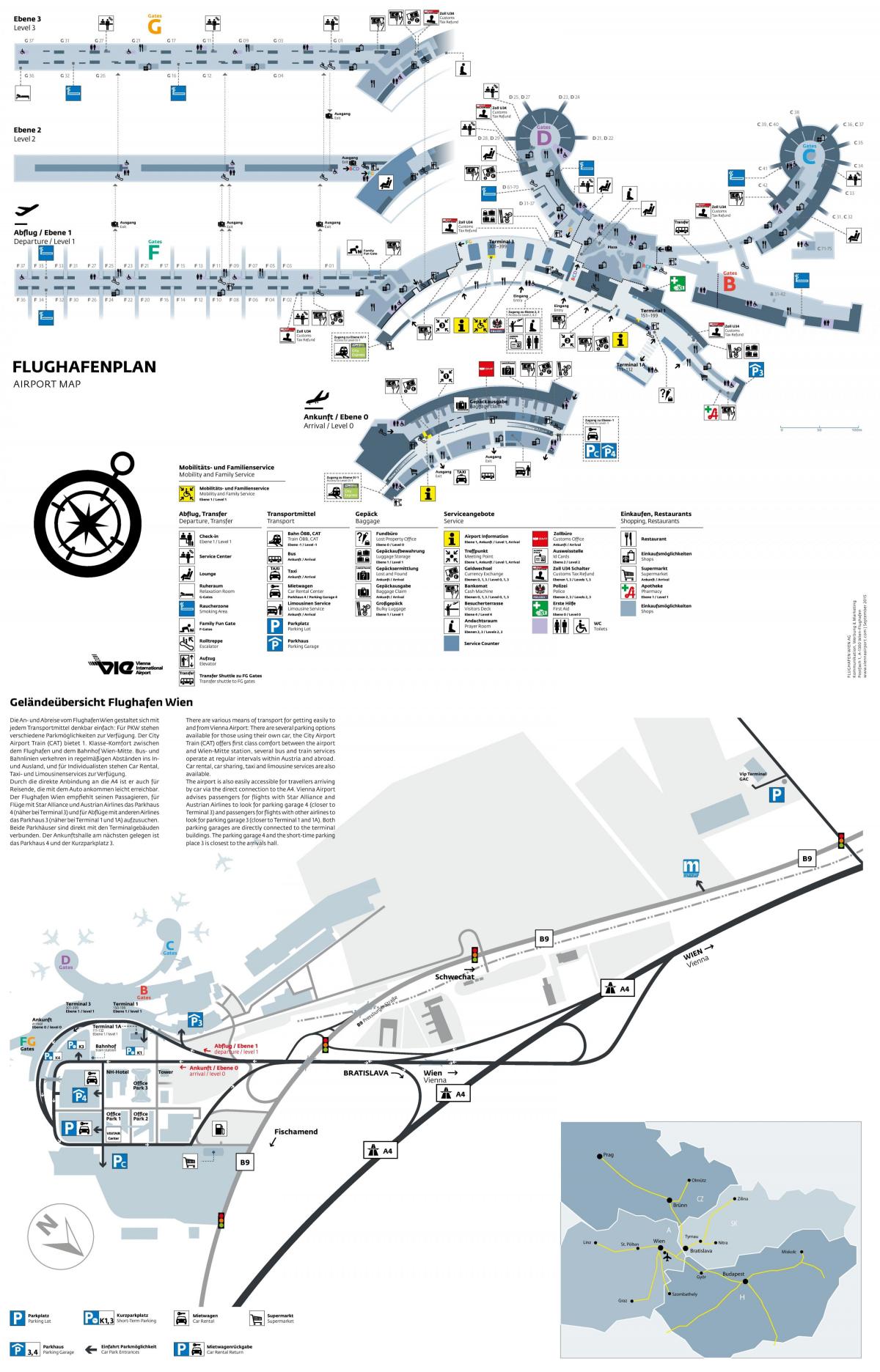 Vienos oro uosto išvykimo žemėlapyje